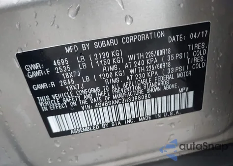 2017 Subaru Outback 2.5I Limited из США, поврежденный, VIN 4S4BSANC3H3398080